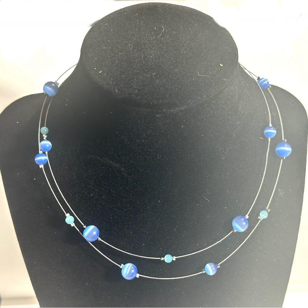 Blue & Teal Cat Eye Bead Illusion Station Choker Collar Necklace 2 Strand 15 in